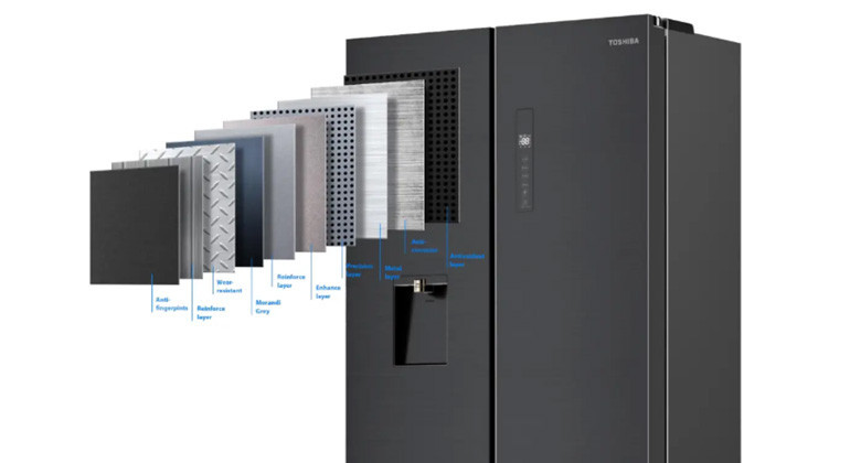 Tủ lạnh Toshiba 4 cánh - Chất liệu Xám Morandi, chống bám hiệu quả
