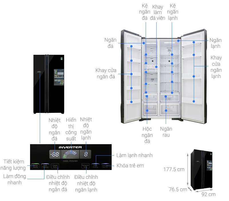 Thông số kỹ thuật Tủ lạnh Hitachi Inverter 605 lít R-FS800PGV2 GBK