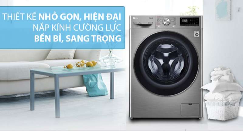 Máy giặt sấy LG Inverter 9 kg FV1409G4V-Thiết kế nhỏ gọn, hiện đại với kiểu máy giặt lồng ngang và nắp kính chịu lực sang trọng, dễ vệ sinh 