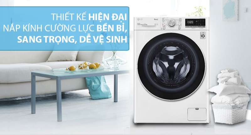 Máy giặt LG Inverter 9 kg FV1409S4W-Kiểu máy giặt lồng ngang hiện đại, nắp kính chịu lực sang trọng, dễ vệ sinh 
