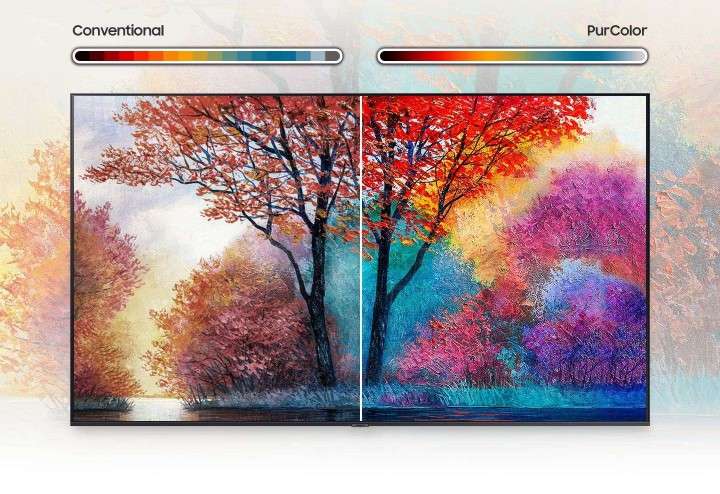 Bức tranh bên phải so với bức tranh thông thường bên trái cho thấy phạm vi tái tạo màu rộng hơn nhờ công nghệ PurColor.